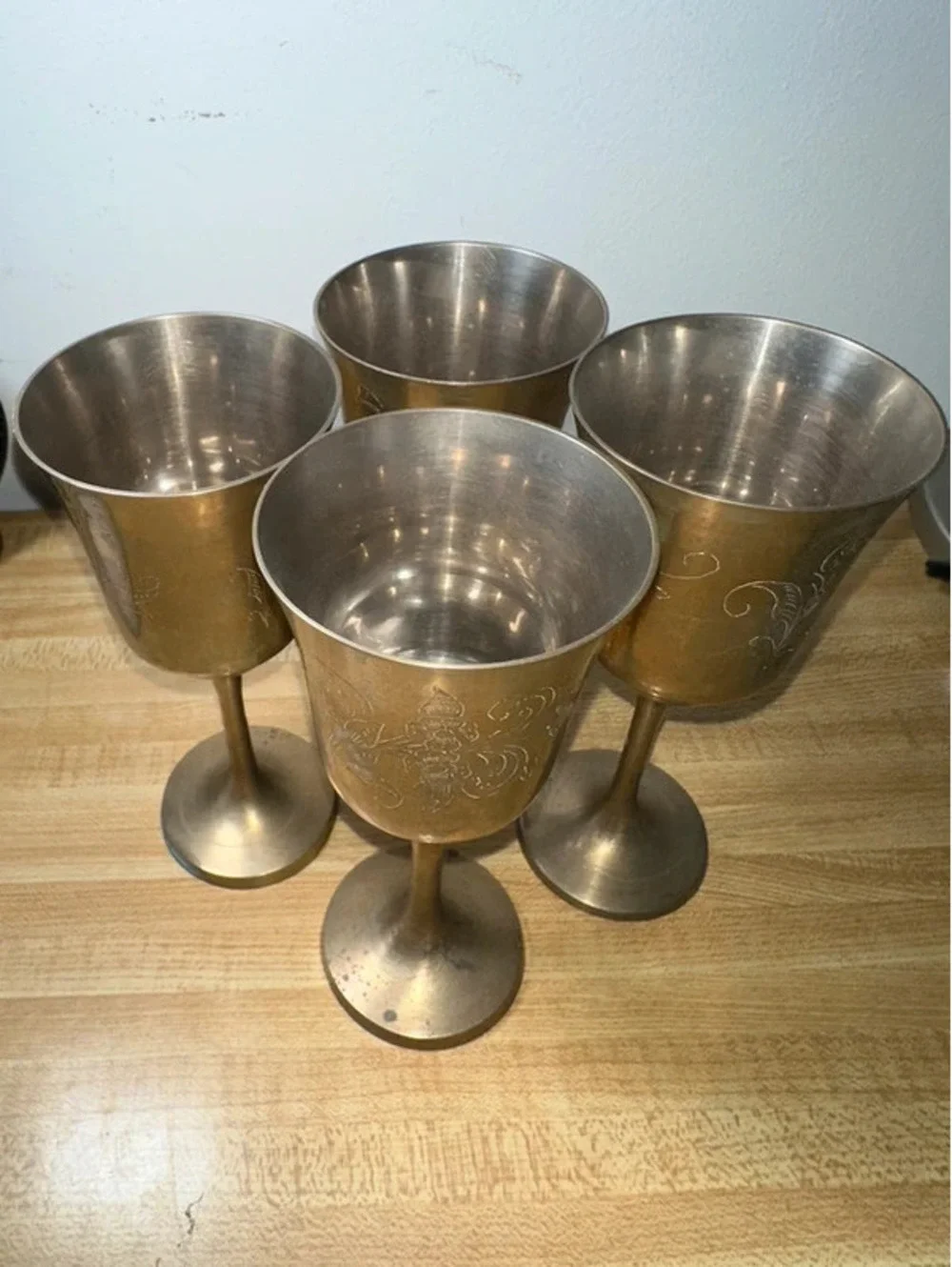 Vintage Etched Brass Wine Goblets/Chalices Set of 4
